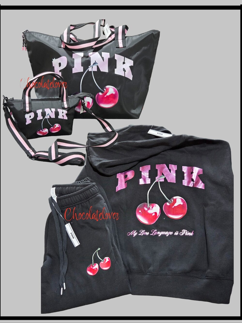 PINK Cherry / Black Collection Sweats Full zip Hoodie & Bags!! NWT